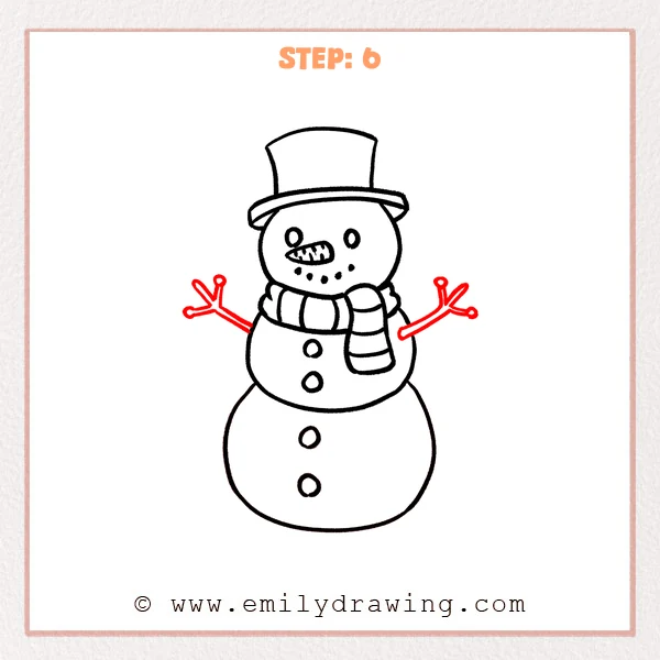 how to draw a cartoon snowman - Cartoon snowman Step 6 showing two raised branching stick arms on the completed figure