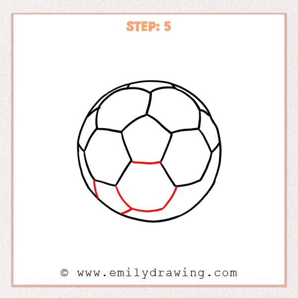 how to draw a cartoon soccer ball - Cartoon soccer ball Step 5 showing the center seam and lower panels