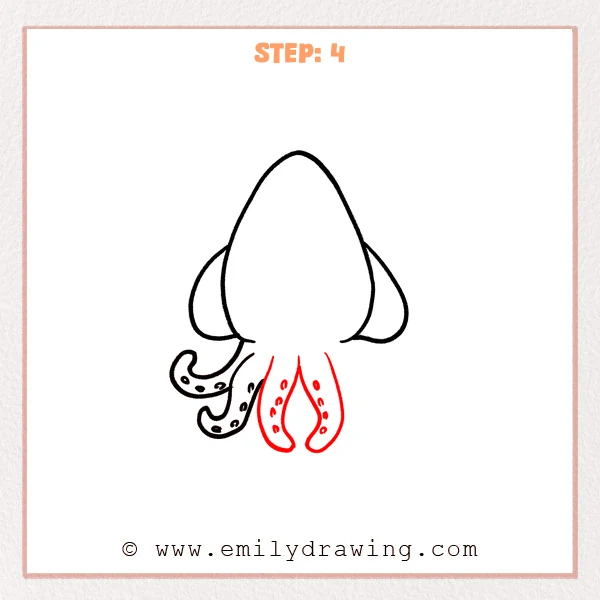 how to draw a cartoon squid - Cartoon squid Step 4 showing two long center arms with oval suckers