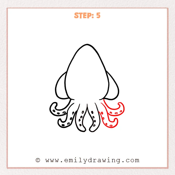 how to draw a cartoon squid - Cartoon squid Step 5 showing two curled right arms with suckers