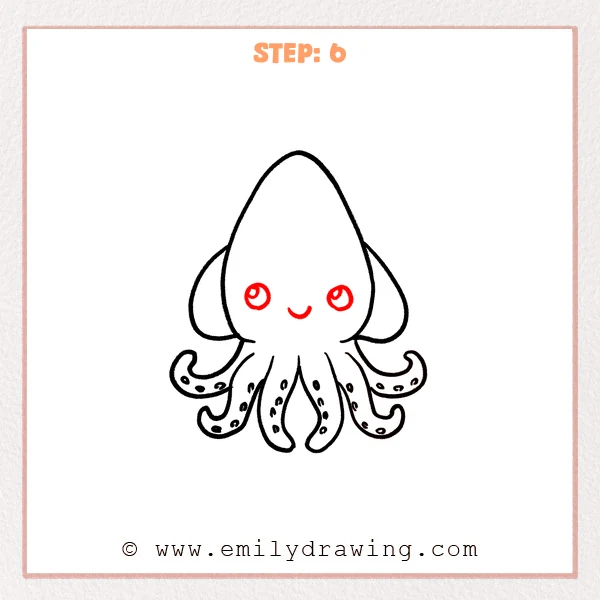 how to draw a cartoon squid - Cartoon squid Step 6 showing large bright eyes and a small smiling mouth