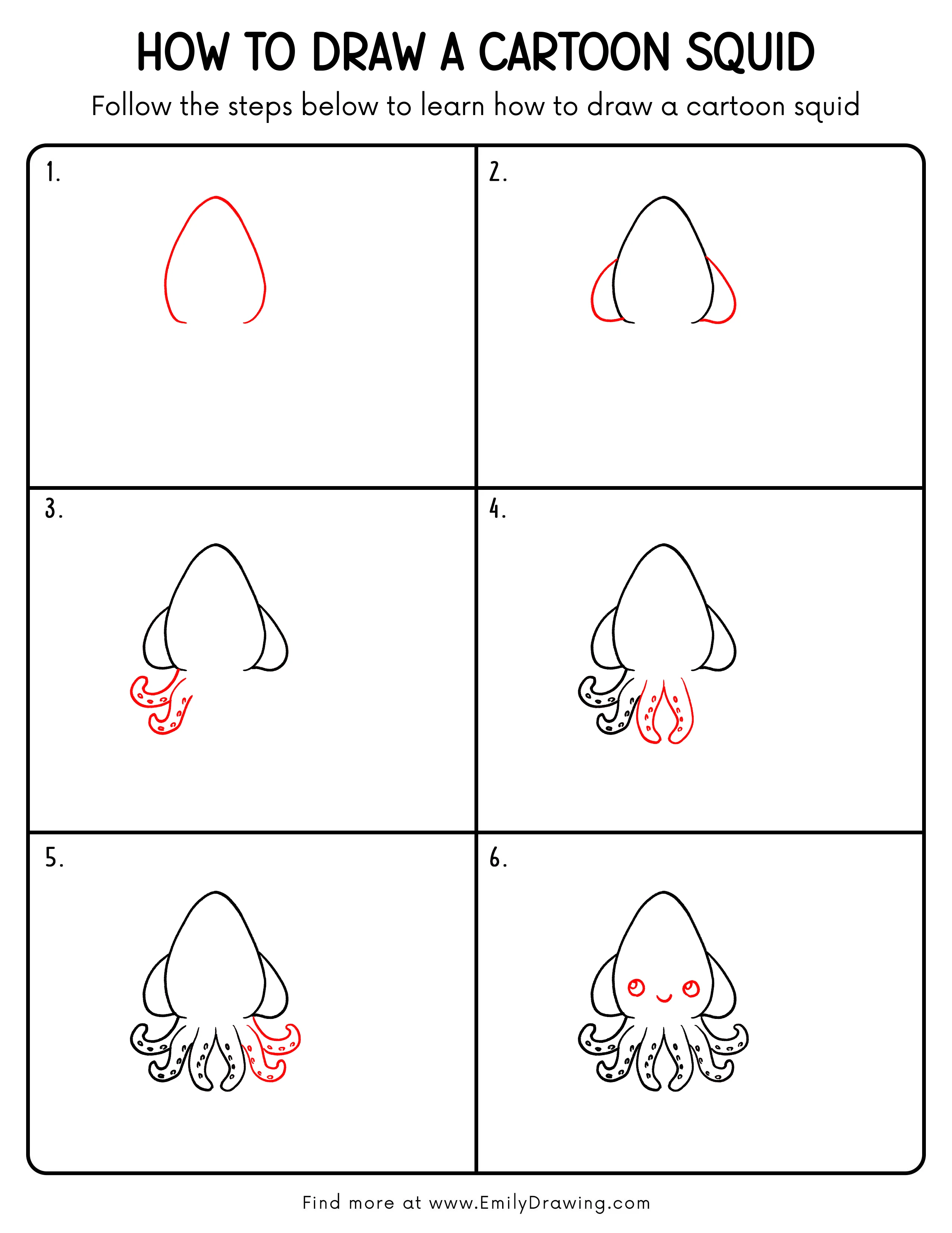 Printable Cartoon Squid Drawing Guide