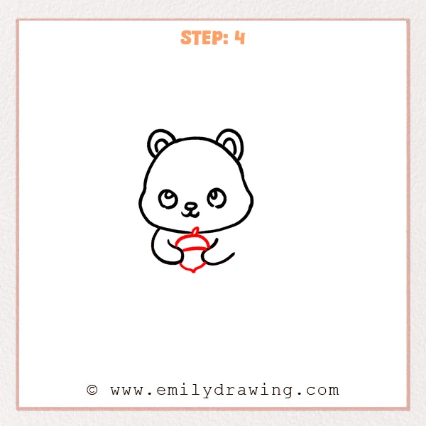 how to draw a cartoon squirrel - Cartoon squirrel Step 4 showing an acorn held between the front paws