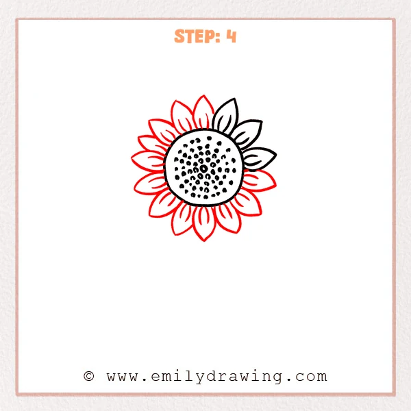 how to draw a cartoon sunflower - Cartoon sunflower Step 4 showing a complete ring of large pointed petals