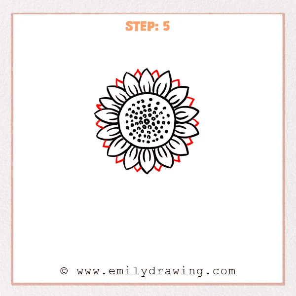 how to draw a cartoon sunflower - Cartoon sunflower Step 5 showing smaller petals behind the main flower
