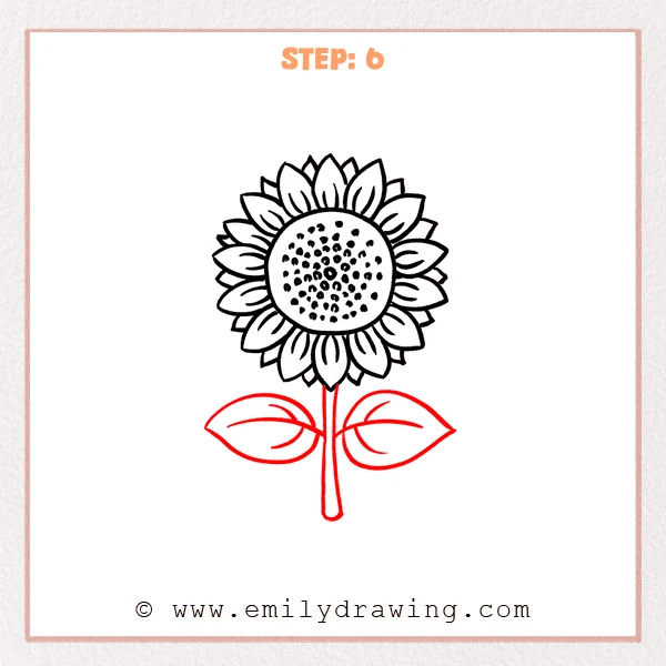 how to draw a cartoon sunflower - Cartoon sunflower Step 6 showing a long stem and two broad veined leaves