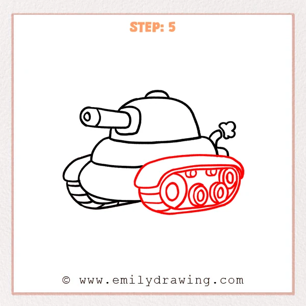 how to draw a cartoon tank - Cartoon tank Step 5 showing a detailed right track with multiple wheels