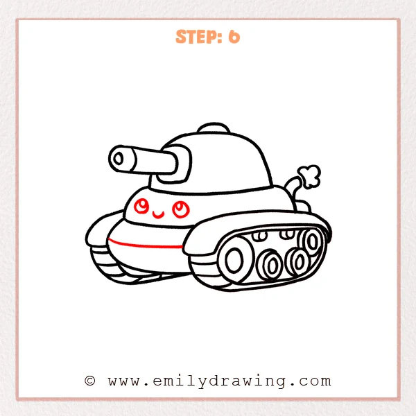 how to draw a cartoon tank - Cartoon tank Step 6 showing a smiling face and completed body panels