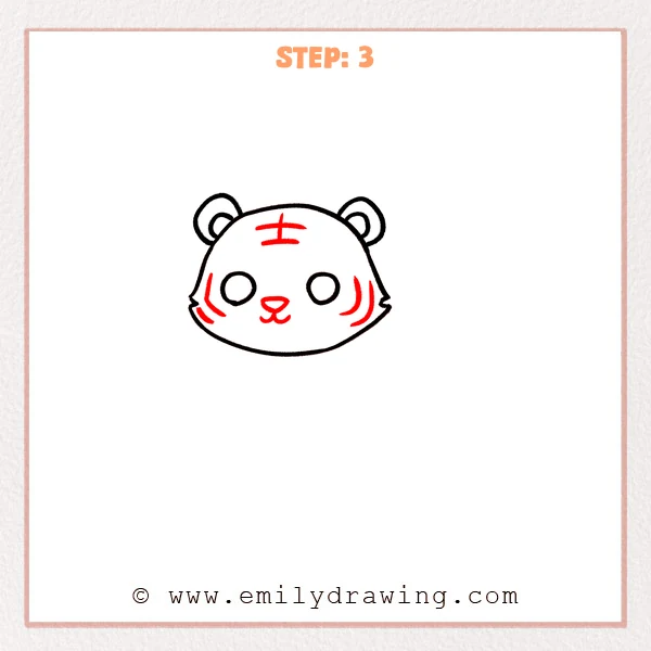 how to draw a cartoon tiger - Cartoon tiger Step 3 showing the nose, curved mouth, forehead marking, and paired cheek stripes