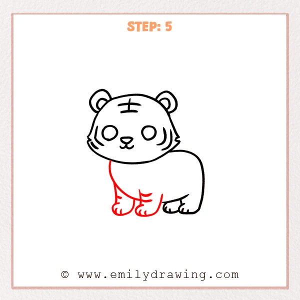 how to draw a cartoon tiger - Cartoon tiger Step 5 showing the curved chest and two striped front legs with rounded paws