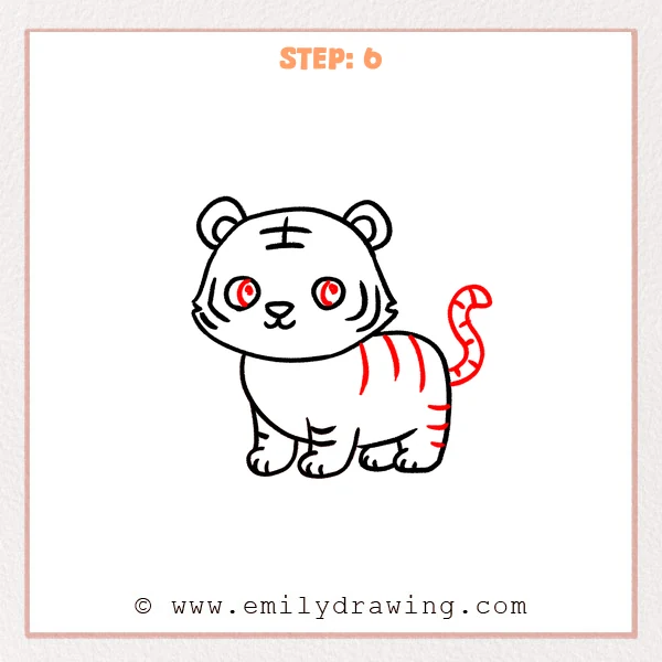 how to draw a cartoon tiger - Cartoon tiger Step 6 showing completed eyes, body stripes, rear-leg stripes, and a curled striped tail