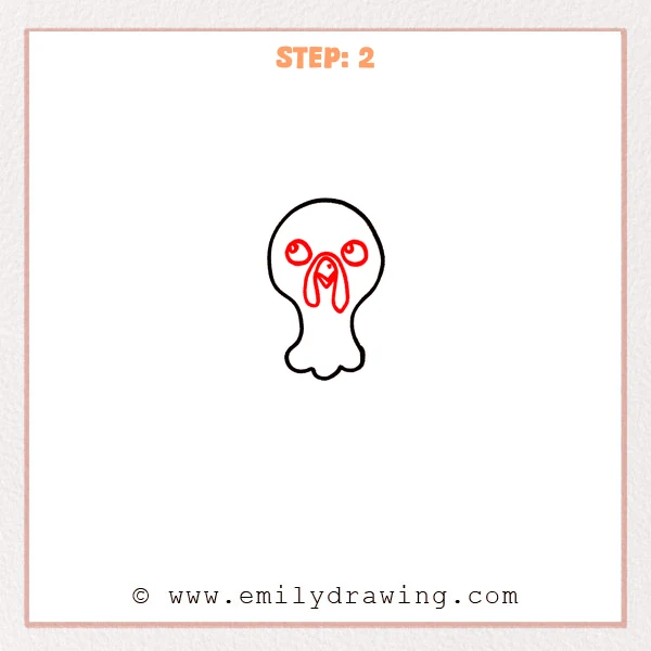 how to draw a cartoon turkey - Cartoon turkey Step 2 showing large eyes, a beak, and hanging wattle