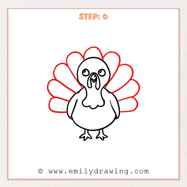 how to draw a cartoon turkey - Cartoon turkey Step 6 showing a wide fan of rounded tail feathers