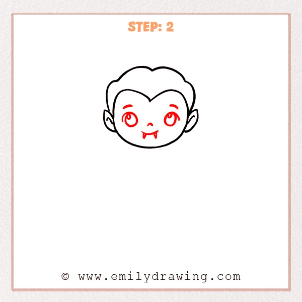 how to draw a cartoon vampire - Cartoon vampire Step 2 showing large eyes and a smile with two fangs