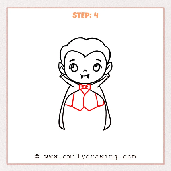 how to draw a cartoon vampire - Cartoon vampire Step 4 showing a bow tie, collar, sleeves, and vest panels