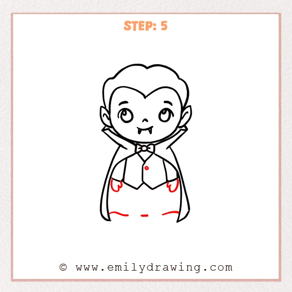 how to draw a cartoon vampire - Cartoon vampire Step 5 showing small hands, a shirt button, and waist lines