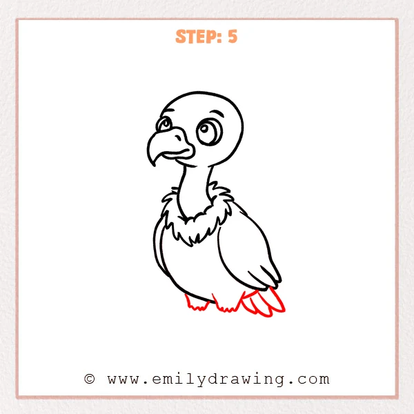 how to draw a cartoon vulture - Cartoon vulture Step 5 showing short feathered legs and pointed tail feathers