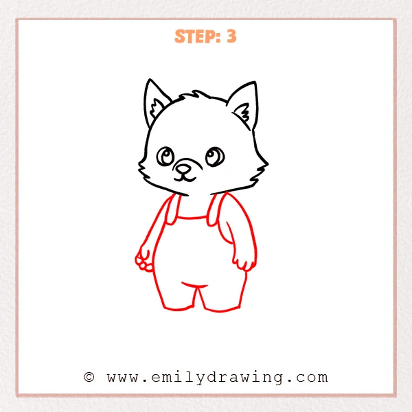 how to draw a cartoon werewolf - Cartoon werewolf Step 3 showing overalls, two long arms, and short legs