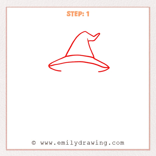 how to draw a cartoon witch - Cartoon witch Step 1 showing a tall bent hat with a wide brim