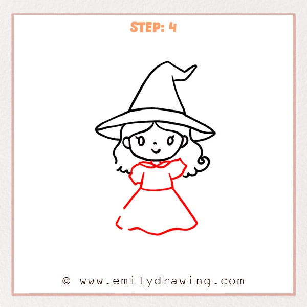 how to draw a cartoon witch - Cartoon witch Step 4 showing a collared top and long flared dress