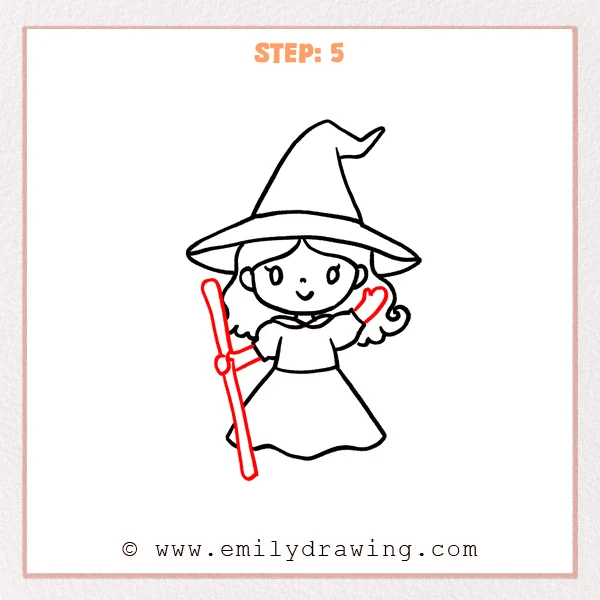 how to draw a cartoon witch - Cartoon witch Step 5 showing a raised hand and a long staff held at the side