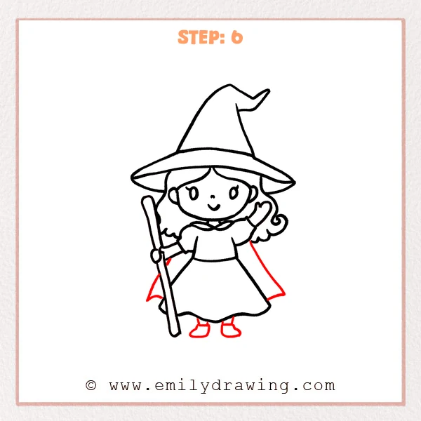 how to draw a cartoon witch - Cartoon witch Step 6 showing a pointed cape and two small shoes