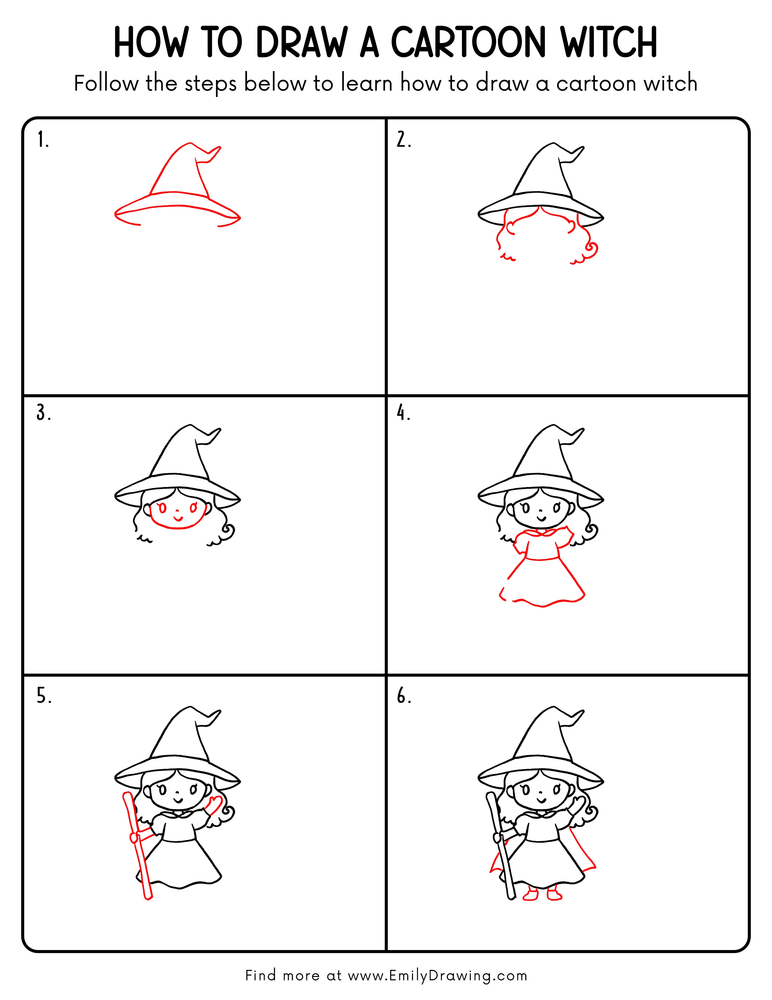 Printable Cartoon Witch Drawing Guide
