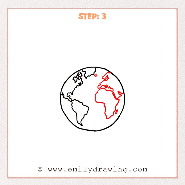 how to draw a cartoon world - Cartoon world Step 3 showing Europe, Asia, Africa, and small islands