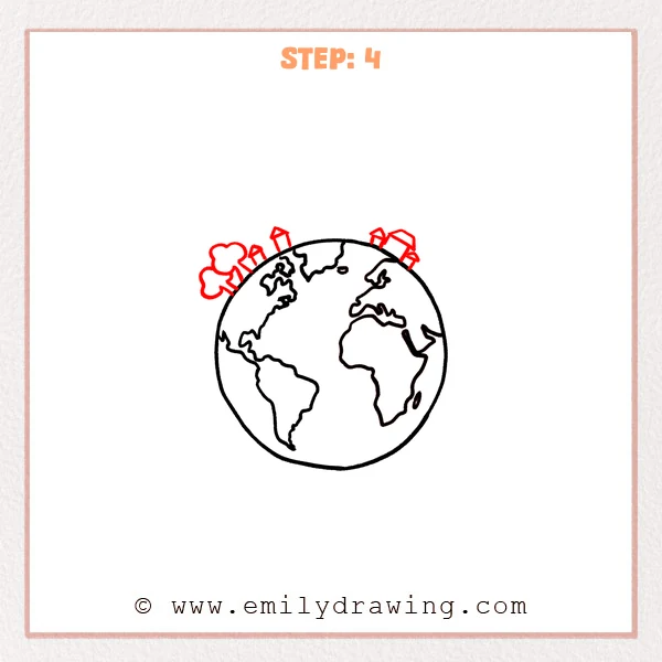 how to draw a cartoon world - Cartoon world Step 4 showing tiny houses and trees around the top edge