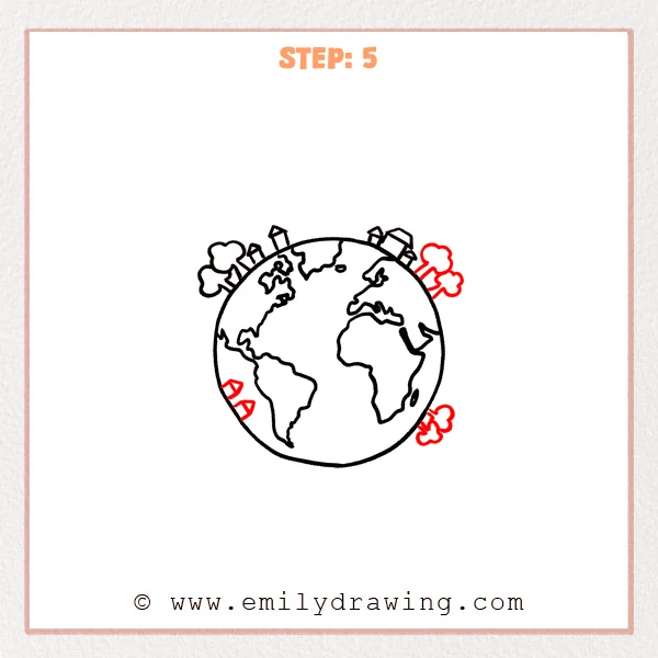 how to draw a cartoon world - Cartoon world Step 5 showing extra trees and houses around the globe