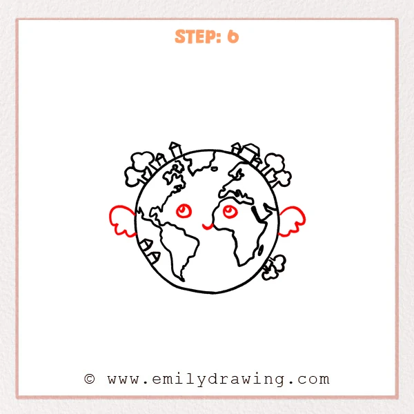 how to draw a cartoon world - Cartoon world Step 6 showing round eyes, a smile, and side clouds