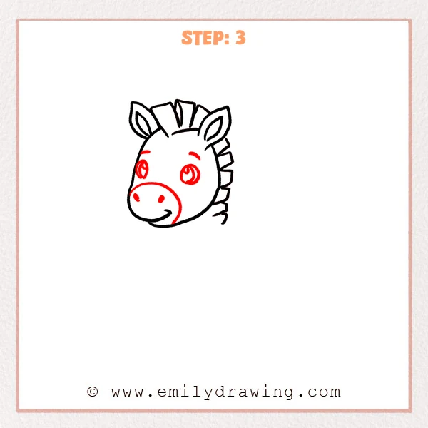 how to draw a cartoon zebra - Cartoon zebra Step 3 showing large eyes, nostrils, and a smiling muzzle