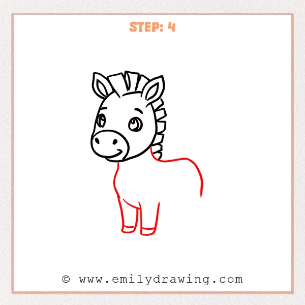 how to draw a cartoon zebra - Cartoon zebra Step 4 showing a rounded body and two front legs