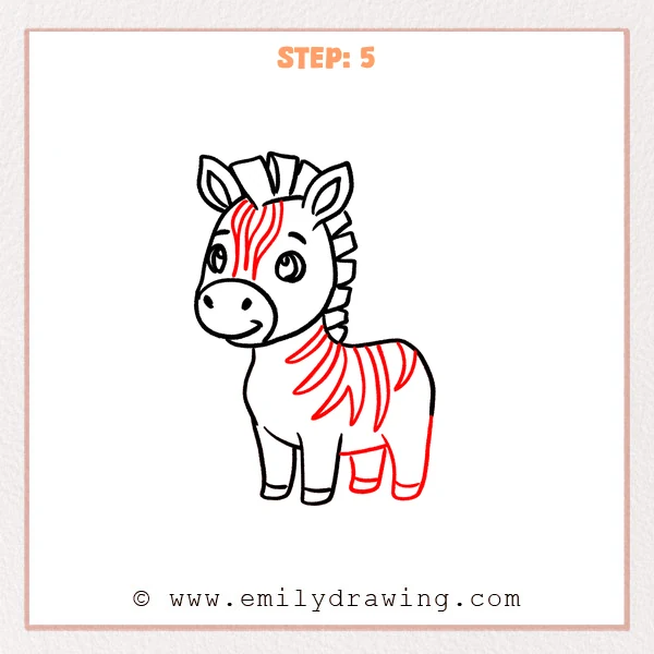 how to draw a cartoon zebra - Cartoon zebra Step 5 showing body stripes and four sturdy legs