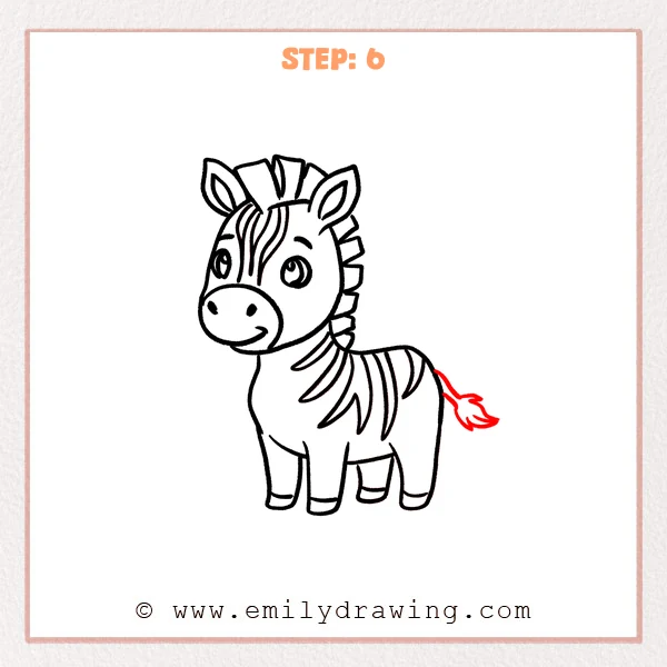 how to draw a cartoon zebra - Cartoon zebra Step 6 showing a thin tail with a pointed tuft