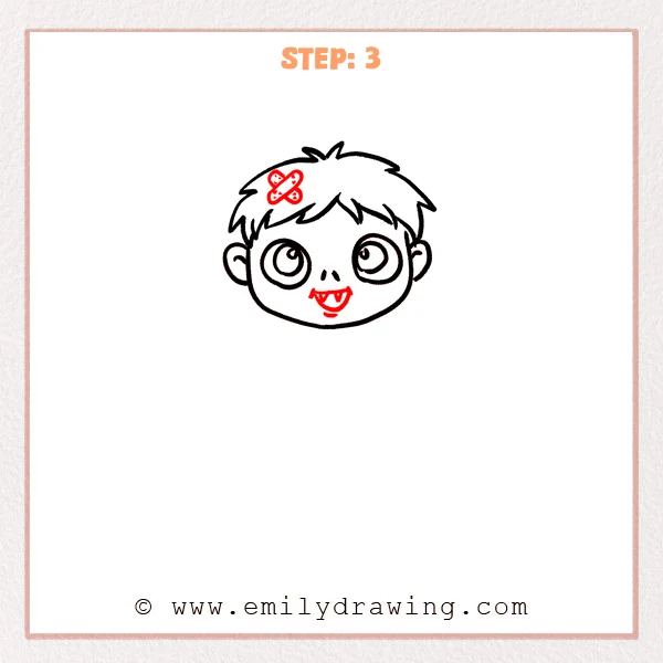 how to draw a cartoon zombie - Cartoon zombie Step 3 showing crossed bandages and a toothy grin