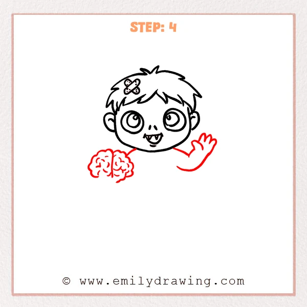 how to draw a cartoon zombie - Cartoon zombie Step 4 showing a waving hand and a brain held at the side