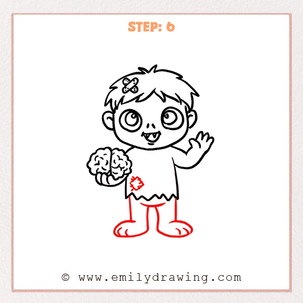 how to draw a cartoon zombie - Cartoon zombie Step 6 showing two large feet and a stitched shirt patch