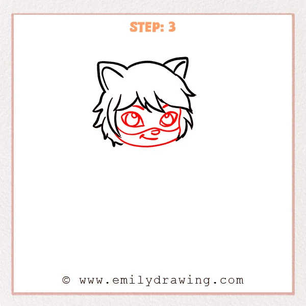 how to draw a cat noir - Cat noir Step 3 showing an eye mask, large eyes, nose, and smile