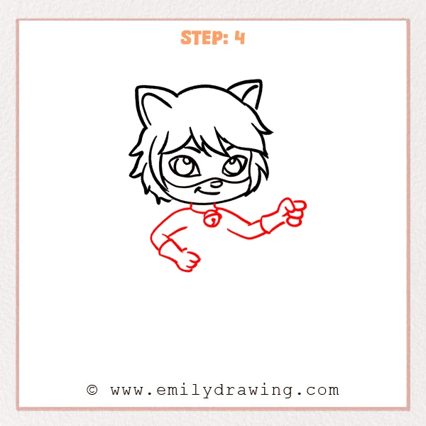 how to draw a cat noir - Cat noir Step 4 showing the upper body, bell collar, and bent arms