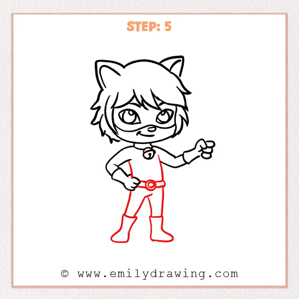 how to draw a cat noir - Cat noir Step 5 showing a round belt buckle, two legs, and tall boots