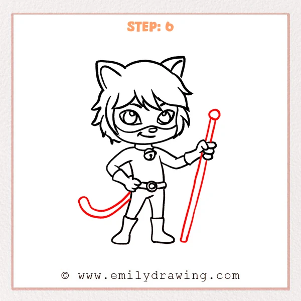 how to draw a cat noir - Cat noir Step 6 showing a curved tail and a tall staff held upright