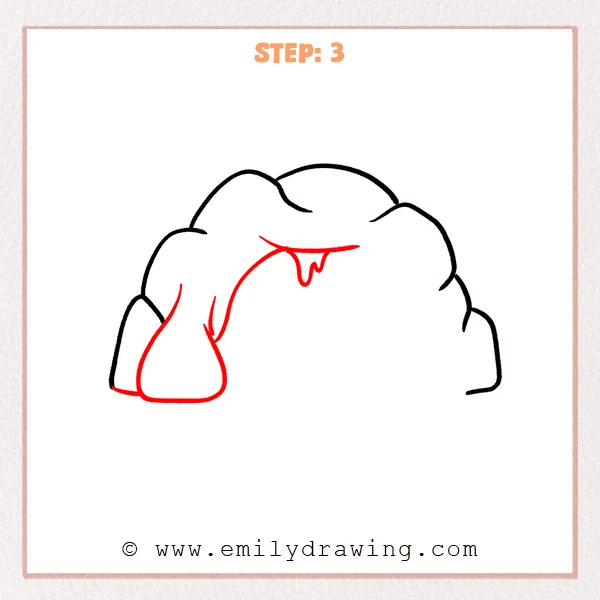 how to draw a cave - Cave Step 3 showing the left entrance rock and a small hanging stalactite