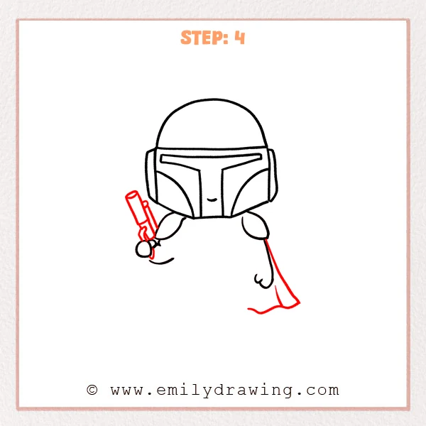 how to draw a boba fett - Step 4 progression of the boba fett drawing after the "add the blaster and cape" stage.