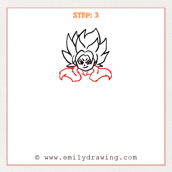 how to draw a broly - Step 3 progression of the broly drawing after the "shape the shoulders" stage.