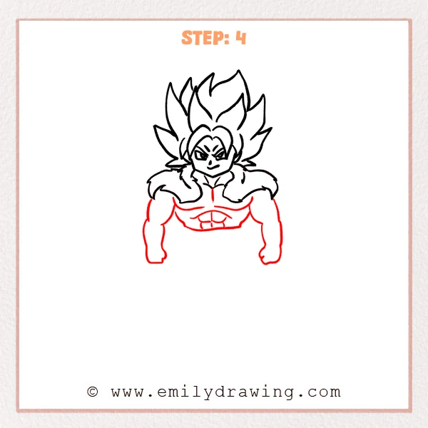 how to draw a broly - Step 4 progression of the broly drawing after the "draw the arms and chest" stage.