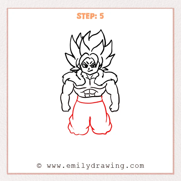 how to draw a broly - Step 5 progression of the broly drawing after the "add the loose pants" stage.