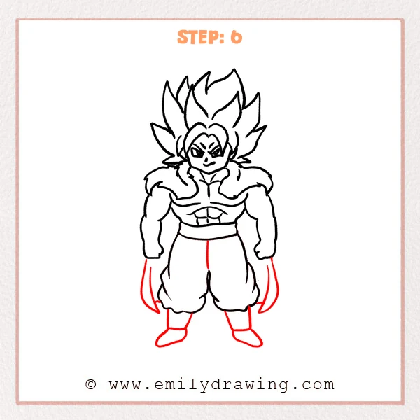 how to draw a broly - Step 6 progression of the broly drawing after the "finish the outfit" stage.