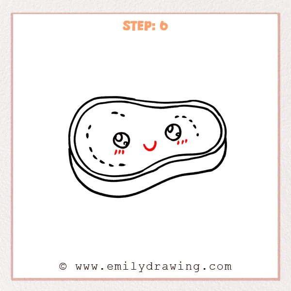 how to draw a cartoon steak - Cartoon steak Step 6 showing a smiling face with blush marks