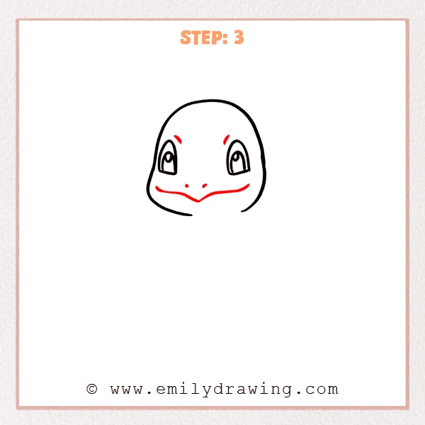 how to draw a charmander - Charmander Step 3 showing eyebrows, nostrils, and a wide smiling mouth